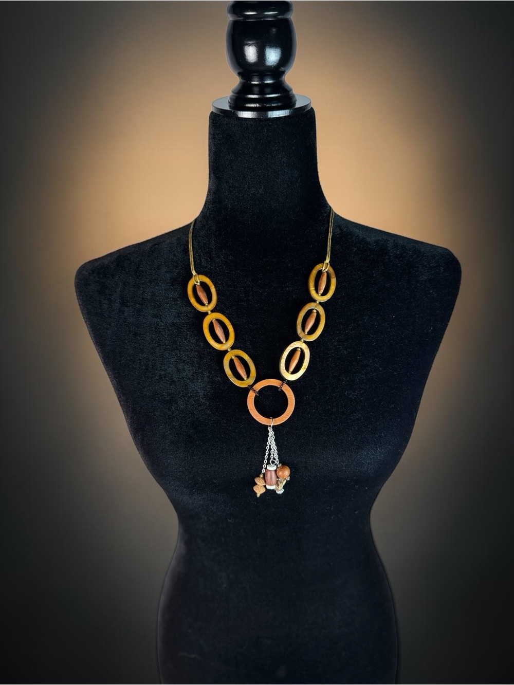 Boho Wood Amber Tone Statement Necklace Brown Mixed Media Dangle Adjustable